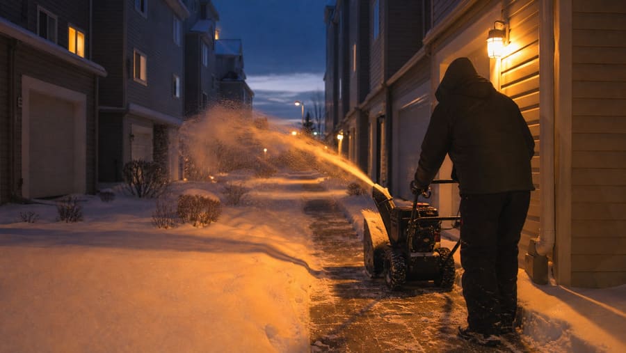 A Calgary bungalow at first light with the driveway and sidewalk already cleared, a plow truck pulling away at the edge of the frame.